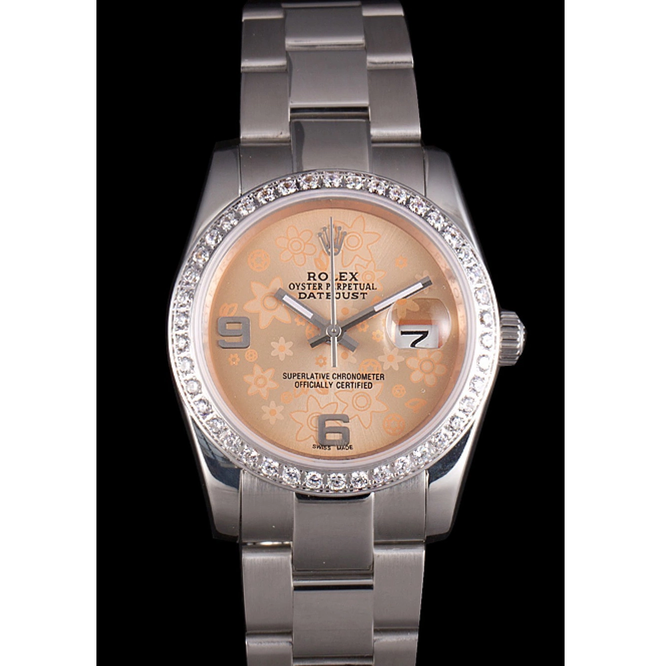 Aaa replica watch Diamond Stainless Rolex Dial Plated Orange Datejust Steel Flowers Polished 0818